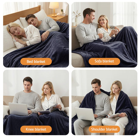 Couple using dark blue throw blanket as bed, sofa, knee, and shoulder blanket in home settings