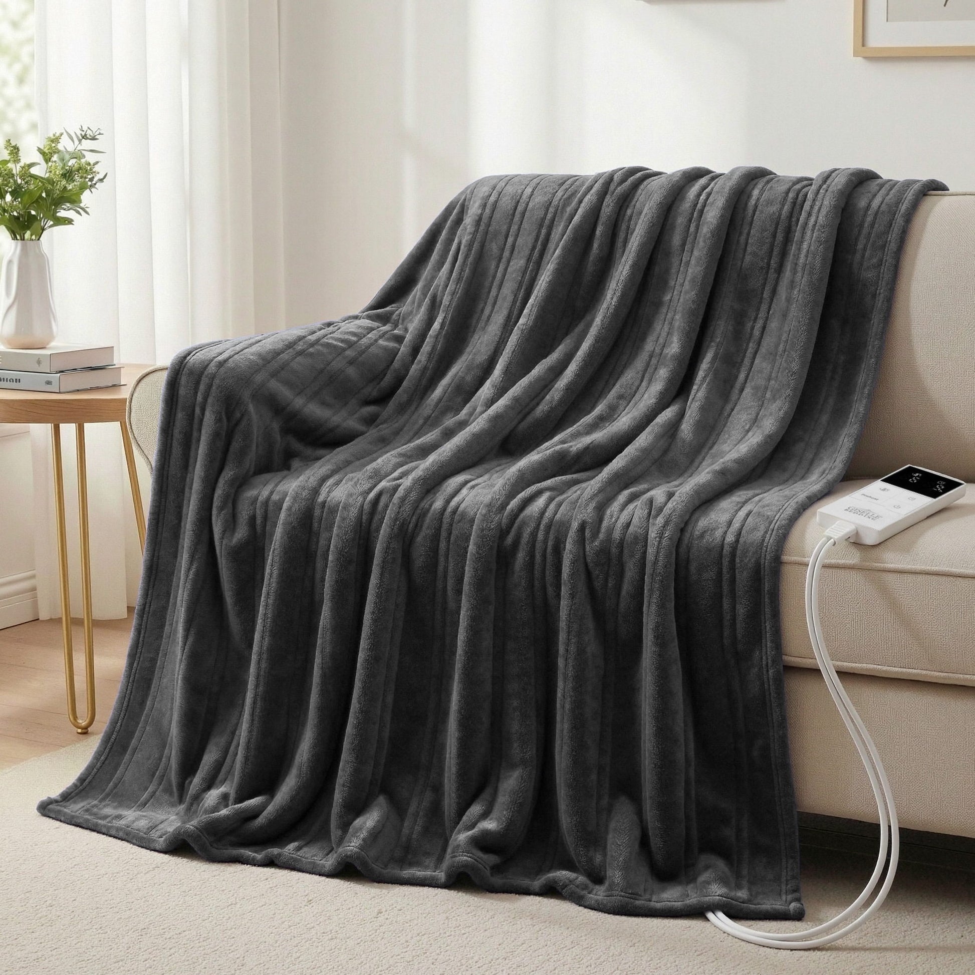 Gray electric heated throw blanket on sofa in modern living room