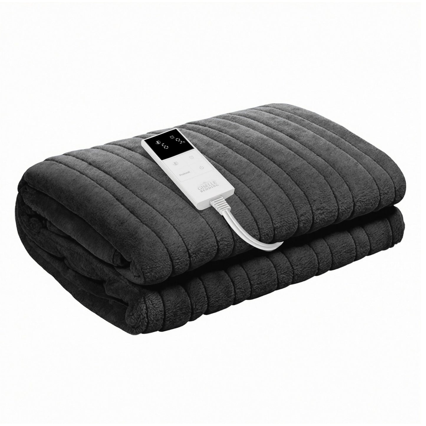 Folded grey electric heated throw rug with digital remote on top, plush texture visible