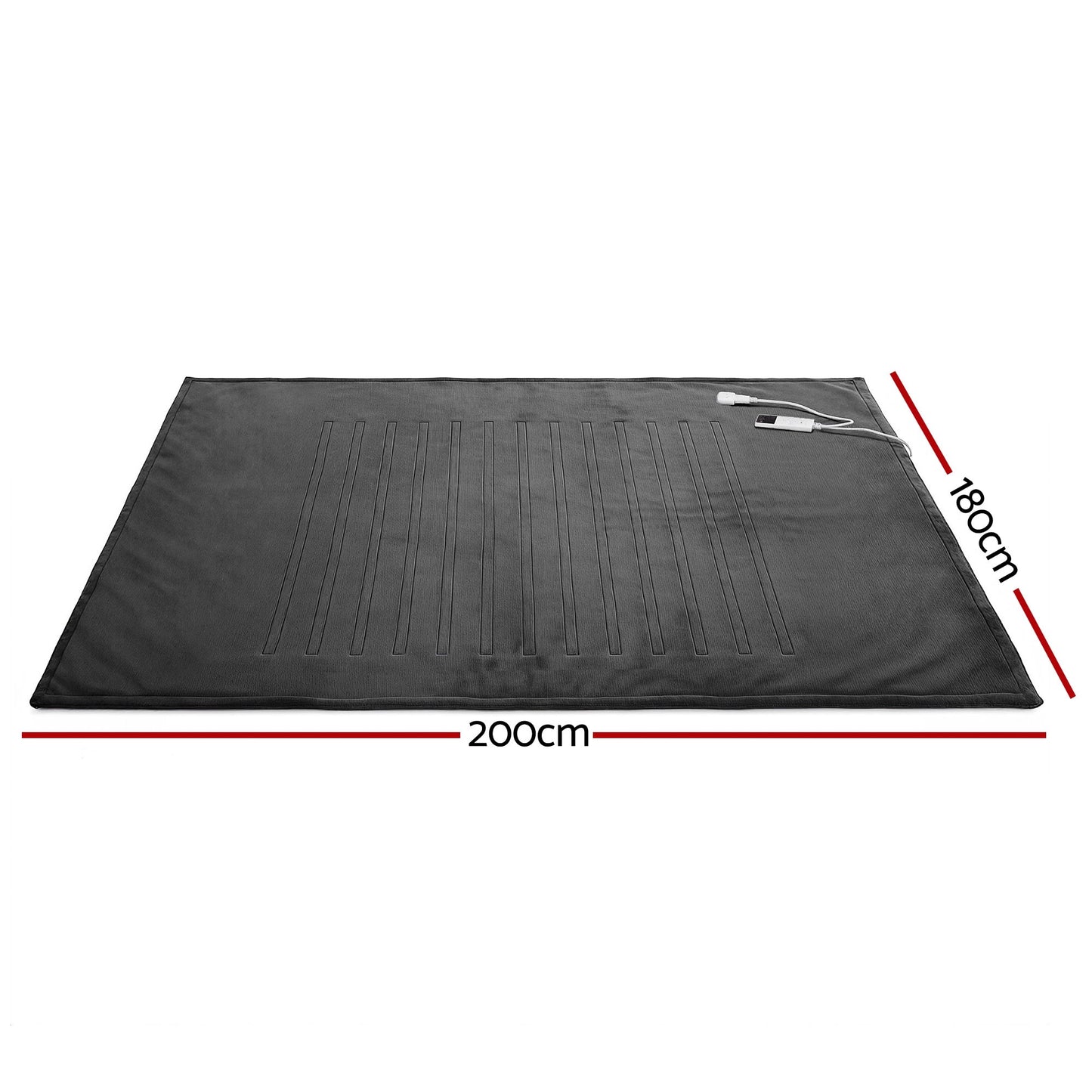 Large grey electric heated throw rug measuring 200cm by 180cm with control panel.