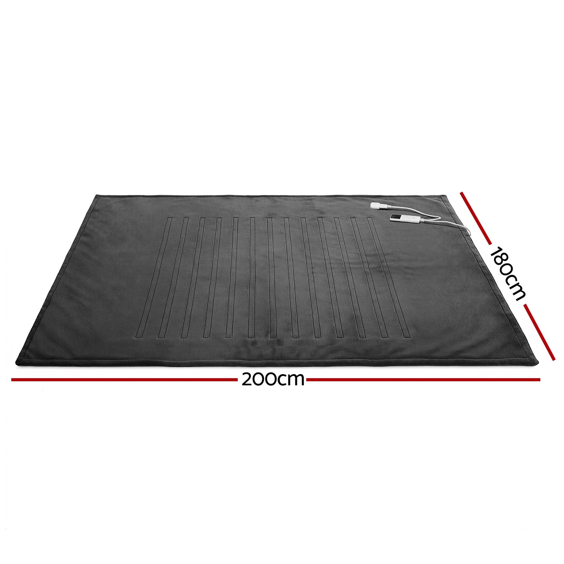 Large grey electric heated throw rug measuring 200cm by 180cm with control panel.