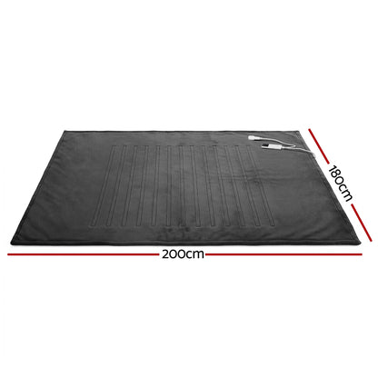 Large grey electric heated throw rug measuring 200cm by 180cm with control panel.