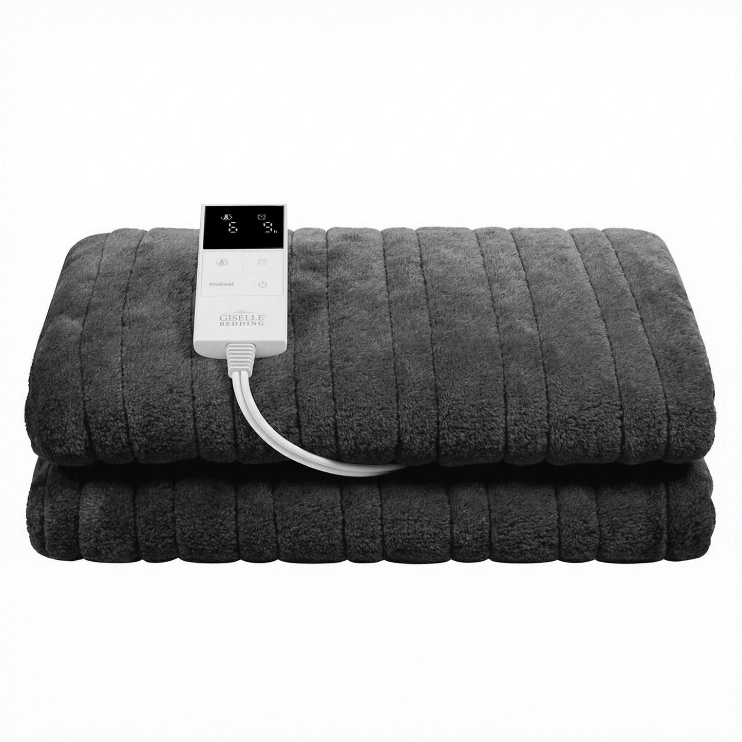 Dark grey electric heated throw blanket with digital remote control on white background