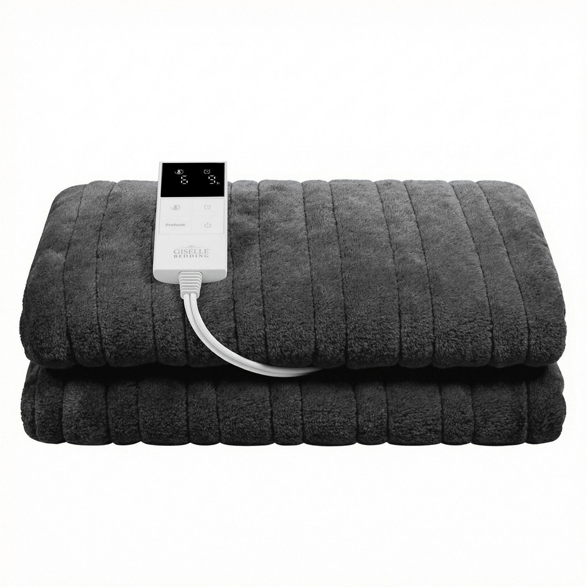 Dark grey electric heated throw blanket with digital remote control on white background
