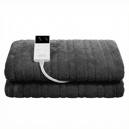 Dark grey electric heated throw blanket with digital remote control on white background