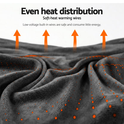 Grey electric heated throw rug with soft fabric, showing even heat distribution with orange arrows