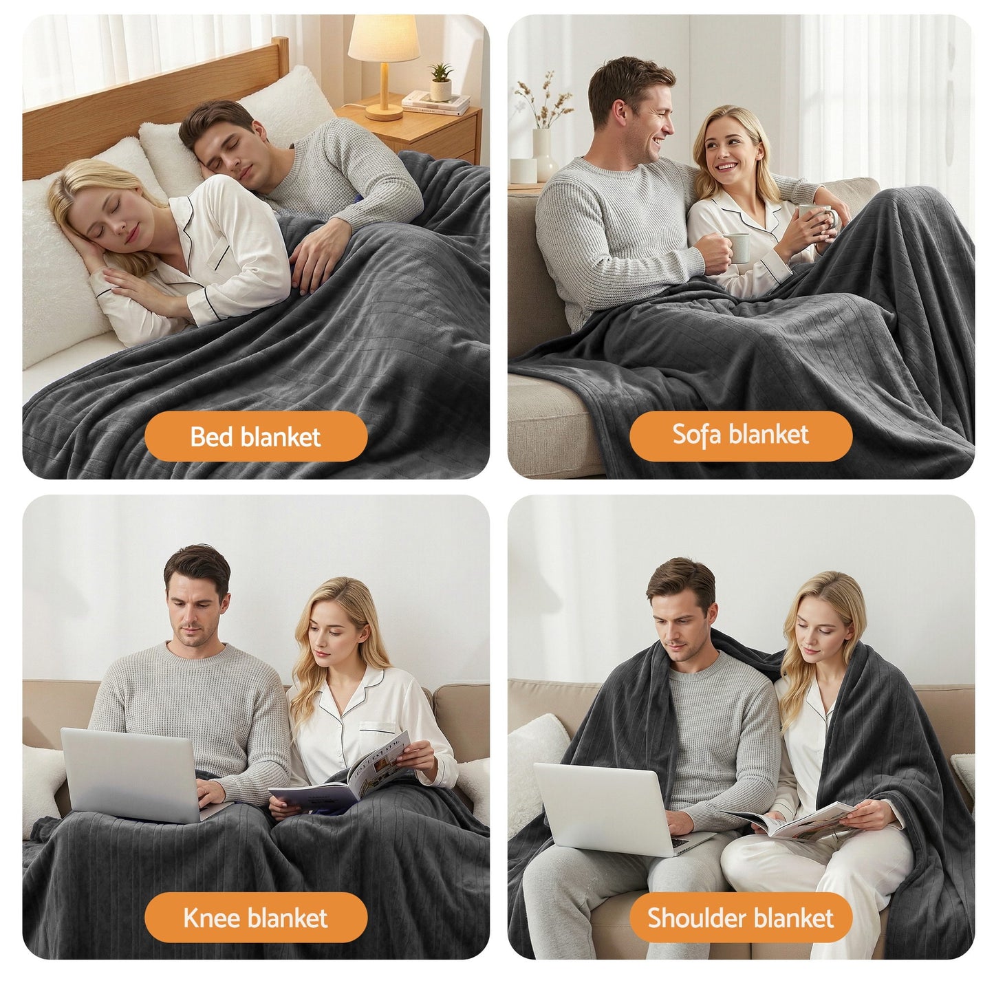 Plush grey throw blanket used as bed, sofa, knee, and shoulder blanket by a couple at home