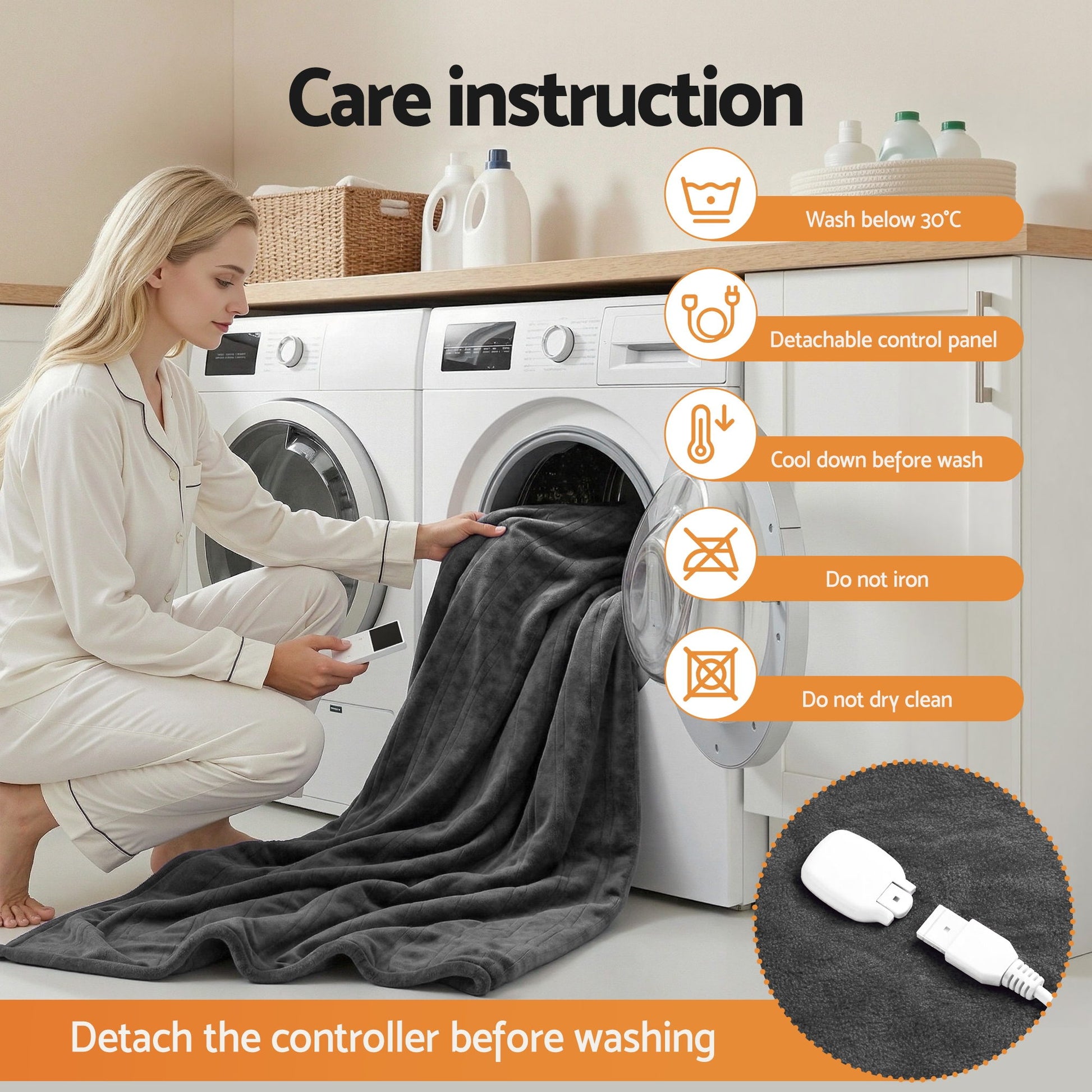 Woman placing dark grey electric throw rug into washing machine, showing detachable controller and care instructions.