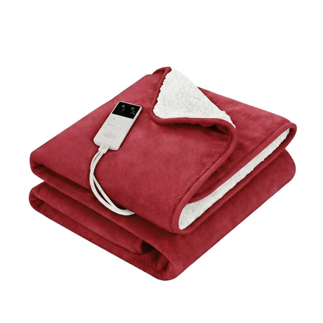 Red electric heated throw blanket with white sherpa lining and digital controller