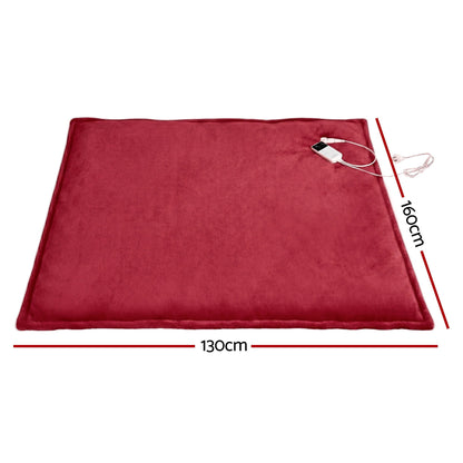 Red electric heated throw rug with controller, 130cm by 160cm size