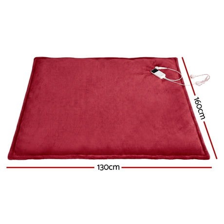 Red electric heated throw rug with controller, 130cm by 160cm size