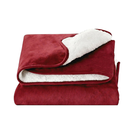 Plush burgundy throw rug with soft white sherpa lining, folded on a white background