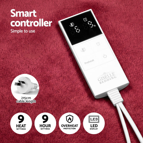 Electric blanket smart controller with LED display on red textured fabric, 9 heat and hour settings, overheat protection, 215cm cable.