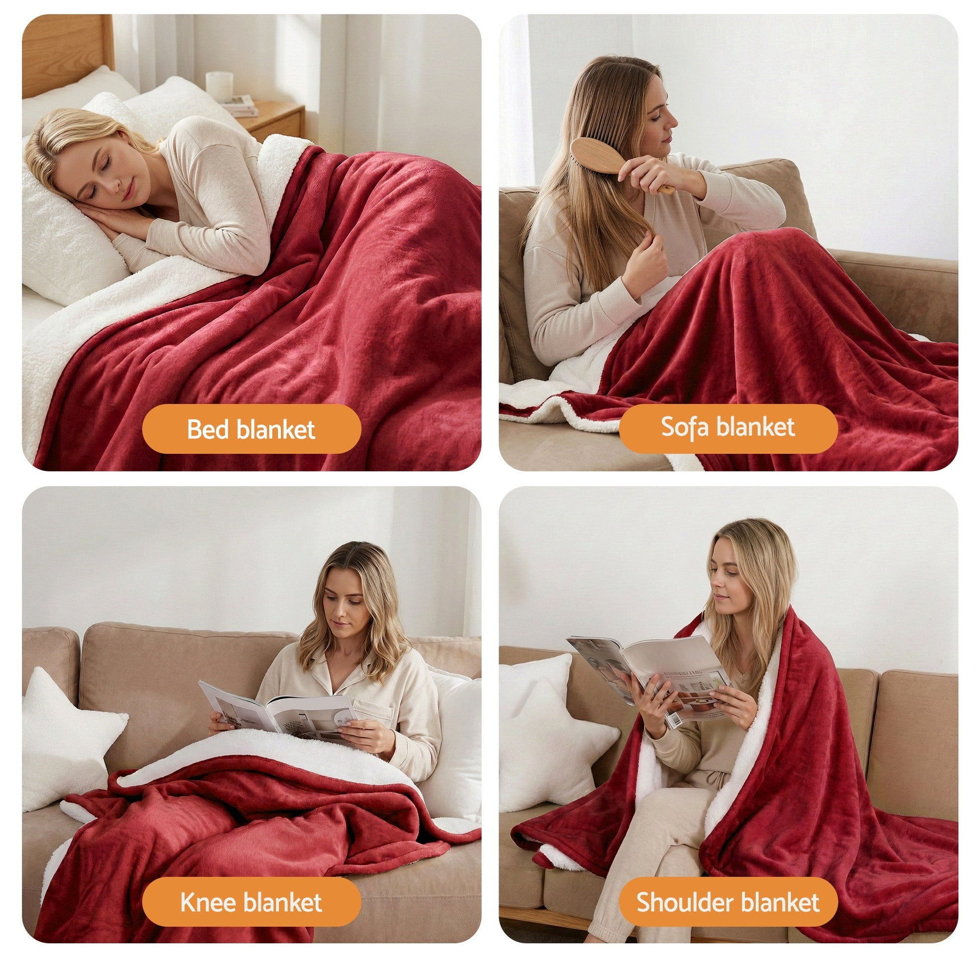 Red and white fleece throw blanket used as bed, sofa, knee, and shoulder blanket at home.