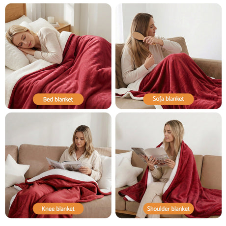 Red and white fleece throw blanket used as bed, sofa, knee, and shoulder blanket at home.
