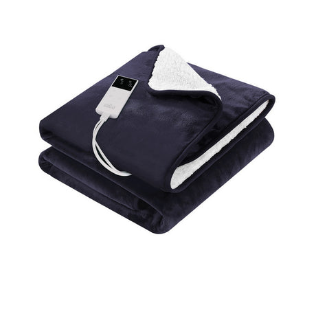 Electric heated throw blanket with plush fleece and digital controller on white background