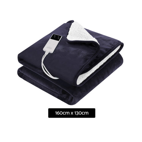 Navy blue electric heated throw rug with white sherpa lining and digital controller, 160cm x 130cm.