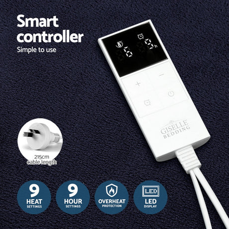 Electric blanket smart controller with LED display, 9 heat and timer settings, overheat protection, on navy fabric.