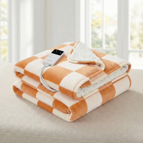 Electric heated throw rug with orange and white check pattern and remote control