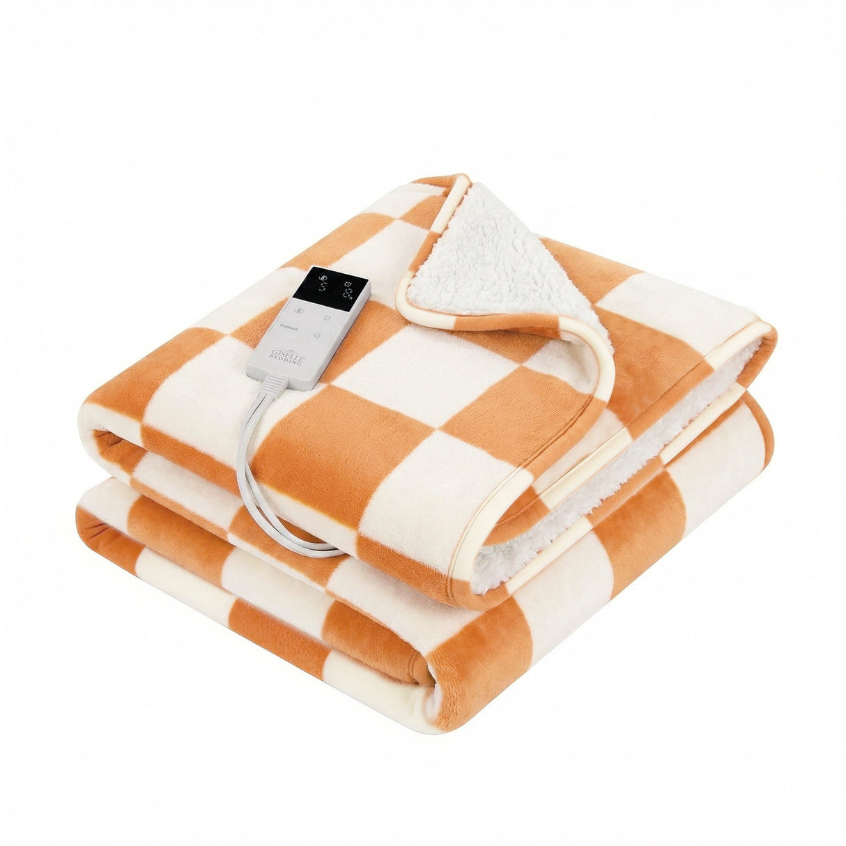 Orange and white checkered electric heated throw blanket with remote on white background