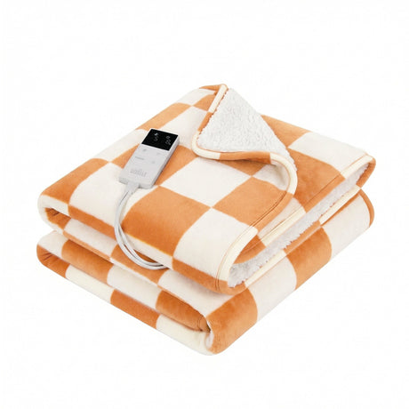 Orange and white checkered electric heated throw blanket with remote on white background