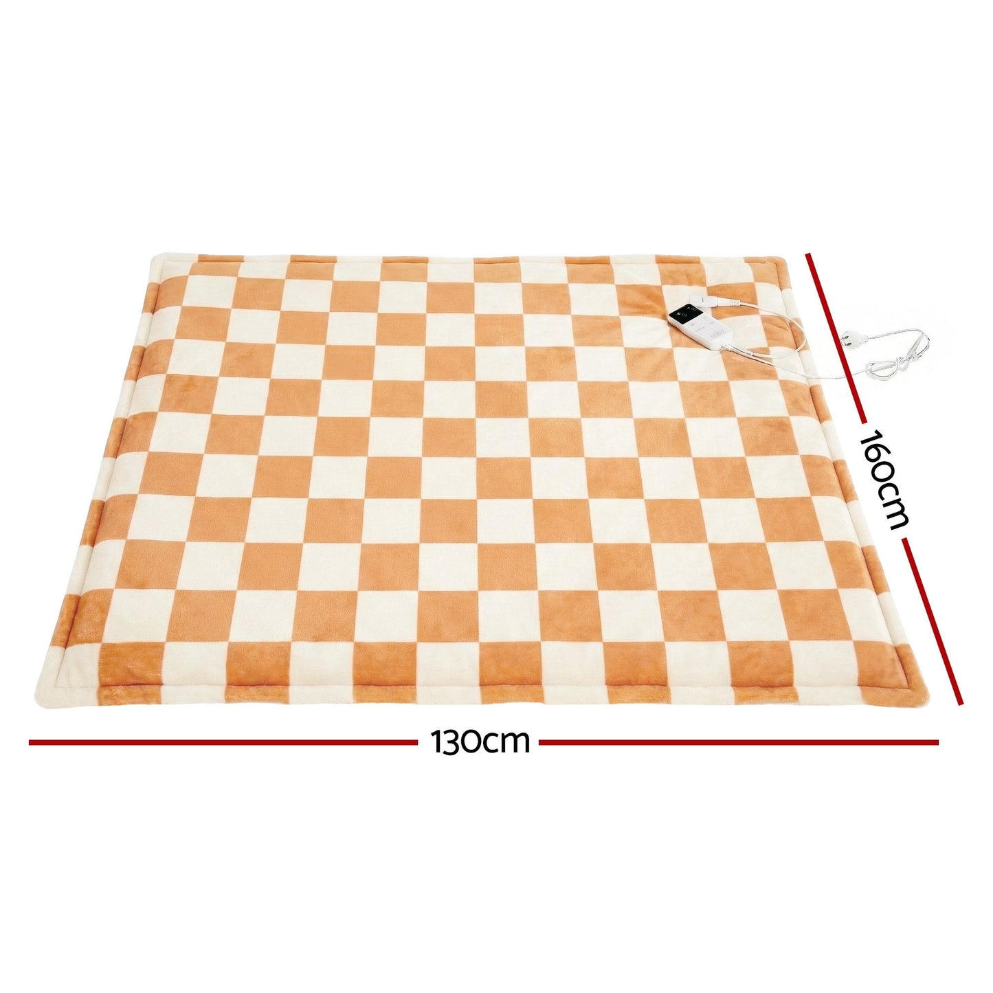 Orange and white checkered heated throw rug, 130cm by 160cm, with attached controller.