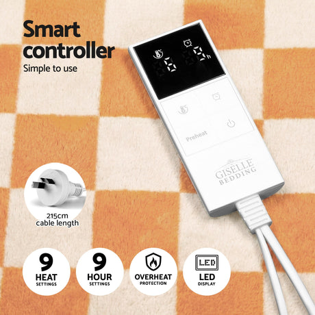 Remote control for electric heated throw rug on orange and white check pattern fabric