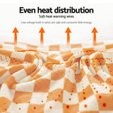 Orange and white checkered heated throw blanket with even heat distribution illustration.