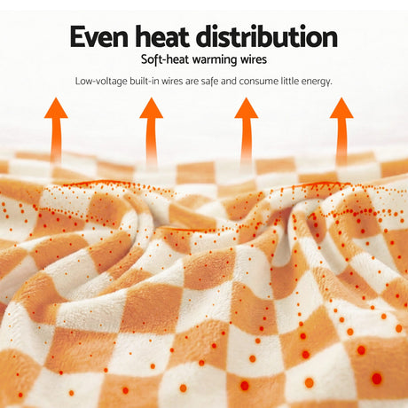 Orange and white checkered heated throw blanket with even heat distribution illustration.