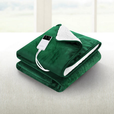 Green electric heated throw blanket with soft white lining and digital controller