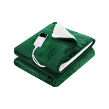 Green electric heated throw blanket with white sherpa lining and digital controller