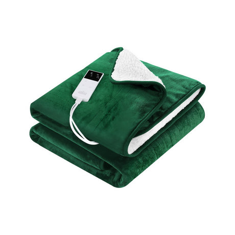 Green electric heated throw blanket with white sherpa lining and digital controller
