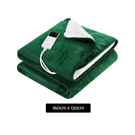 Green electric heated throw blanket with white sherpa lining and digital controller, 160x130cm