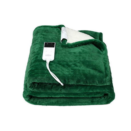 Green electric throw blanket with remote control and white fleece lining