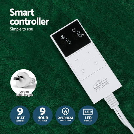Electric blanket controller with LED display, heat timer, safety features on green fabric