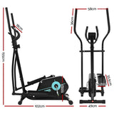 Black elliptical trainer exercise machine with detailed measurements in centimeters shown from side and front views.