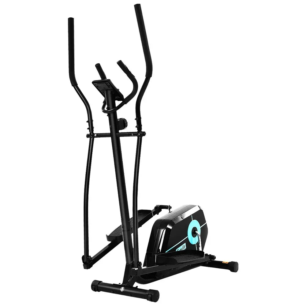 Black elliptical cross trainer exercise machine with digital display, isolated on white background.