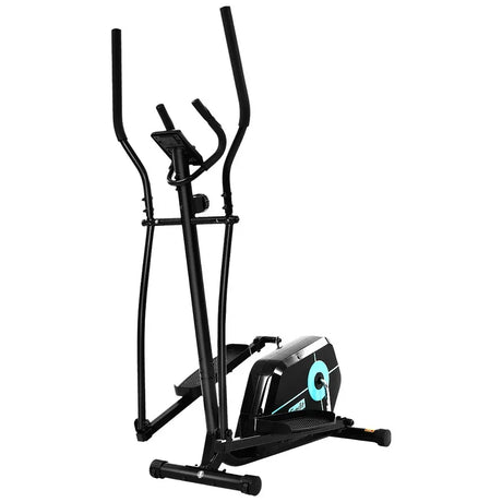 Black elliptical cross trainer exercise machine with digital display, isolated on white background.
