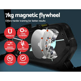 Cutaway view of a 7kg magnetic flywheel exercise bike with feature icons and benefits.