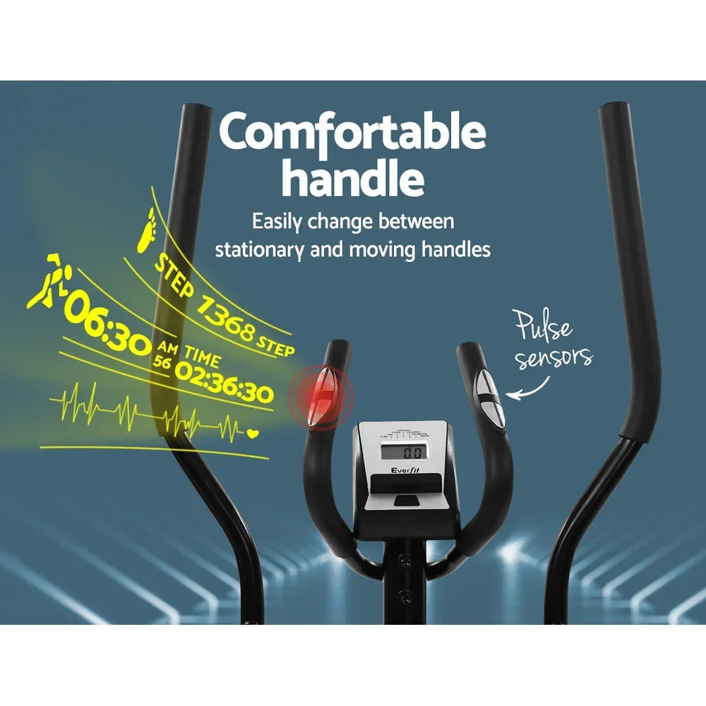 Elliptical exercise bike handles with pulse sensors and step counter display.