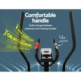 Elliptical exercise bike handles with pulse sensors and step counter display.