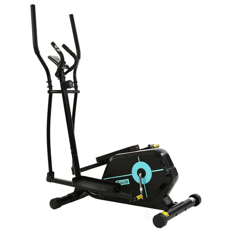 Black elliptical cross trainer exercise machine with handlebars and digital display