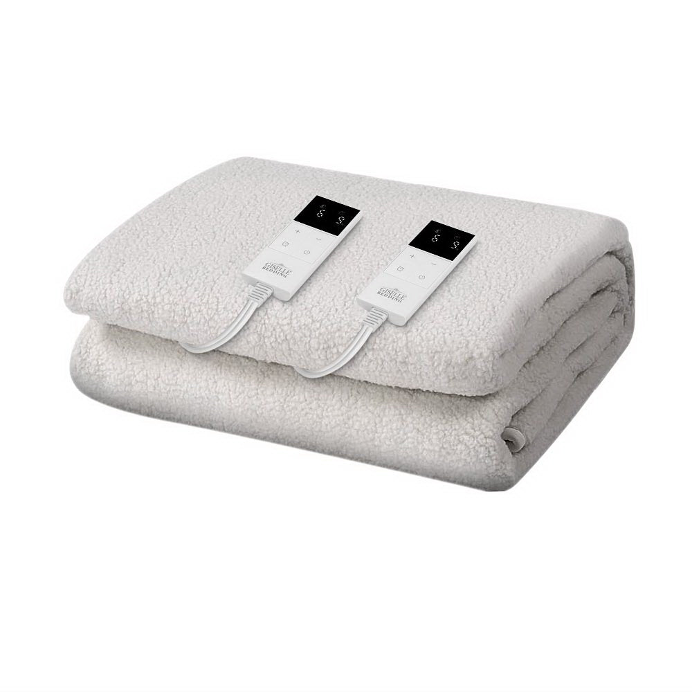 Folded electric blanket with dual digital controllers on a white background