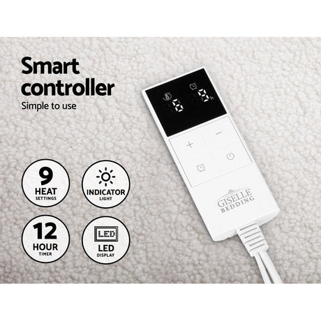 Electric blanket controller with LED display, 9 heat settings, timer, and indicator light on fleece fabric.