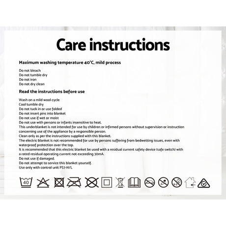 Care instructions label for electric blanket with laundry and safety symbols.