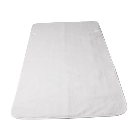 White rectangular bath towel with corner loops on a plain background