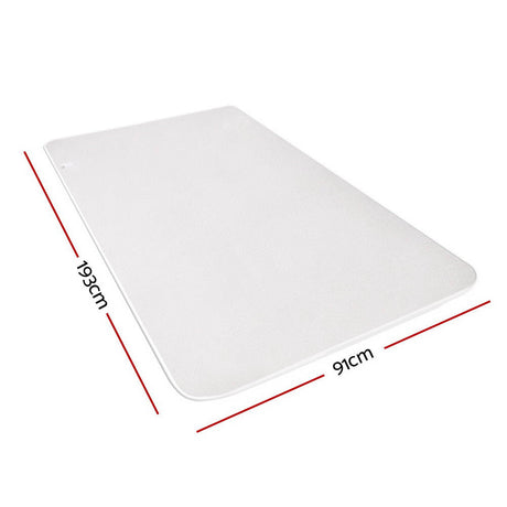 White rectangular mat with rounded corners measuring 193cm by 91cm on white background