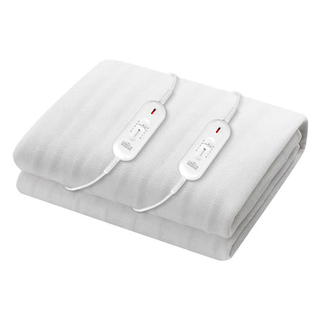 White electric heated blanket with two temperature controllers on a white background