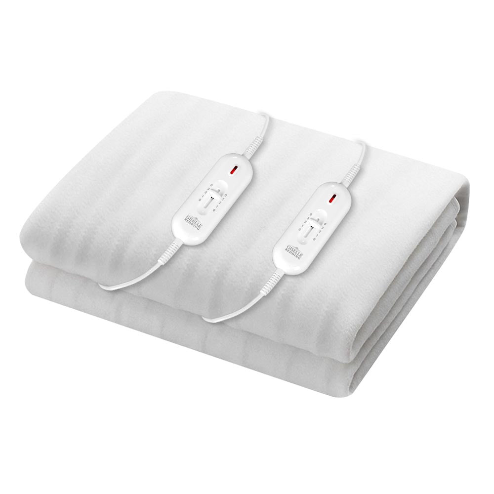 White electric blanket with dual controllers, folded on a plain background