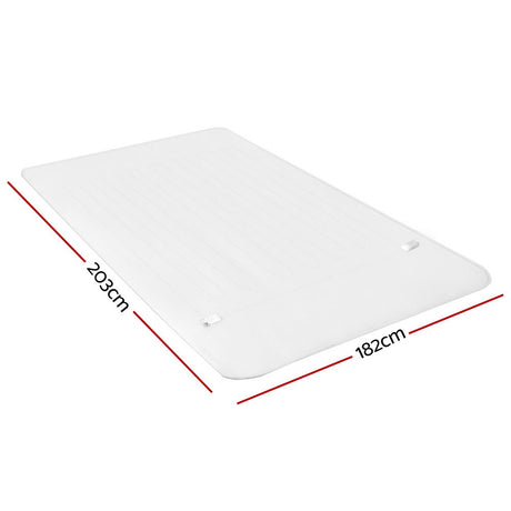 Clear plastic floor mat with rounded edges, 203cm by 182cm, suitable for large spaces